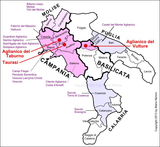 Södra Italien Basiliciata (Aglianico del Vulture DOC), Kampanien,