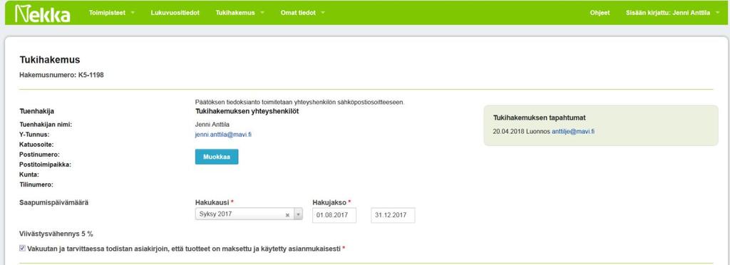 6.1 Att spara de grundläggande uppgifterna i stödansökan Bild 12. De grundläggande uppgifterna i stödansökans övre del.
