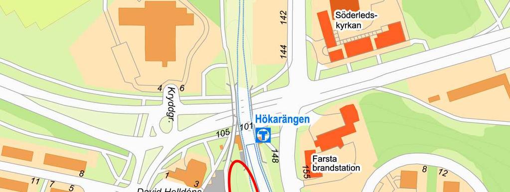 Sida 2 (8) Området (röd oval) intill Hökarängen centrum och tunnelbanan.