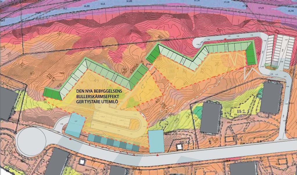 Huskropparna skapar en bullerskärm. Det kraftigt bullerstörna området får en tystare utemiljö. Vy från öst. Husen slingrar sig upp längs med Alphyddans höjder. Naturmark med stenhällar bevaras.