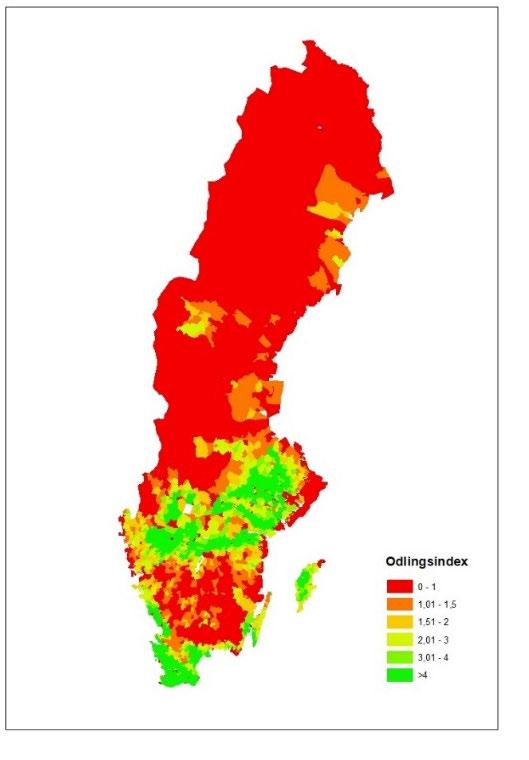 Figur 6. Odlingsindex är ett index som beskriver åkermarkens arrondering. Områden med bra arrondering har grön färg och ett högt indexvärde.