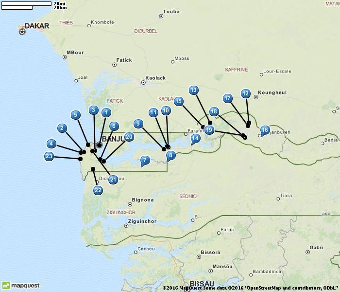 GAMBIA 1. Banjul 2. Brufut woods 3. Lamin Lodge 4. Tanji Bird Reserve 5. Kotu Ponds 6. Farasutong Forest 7. Raptor Bridge 8. Bridge Bitang Bolon 9. Batelling 10. Tendaba Airfield 11. Tendaba 12.