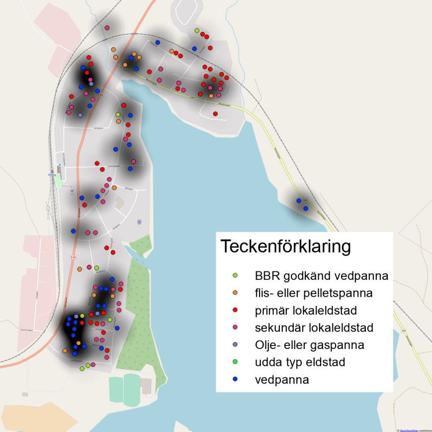 Figur 15. Beräknade emissioner av PM2,5 från småskalig uppvärmning för Backe tätort i Strömsunds kommun. Emissionerna har beräknats från förbränningsanläggningar geolokaliserademed adresser.