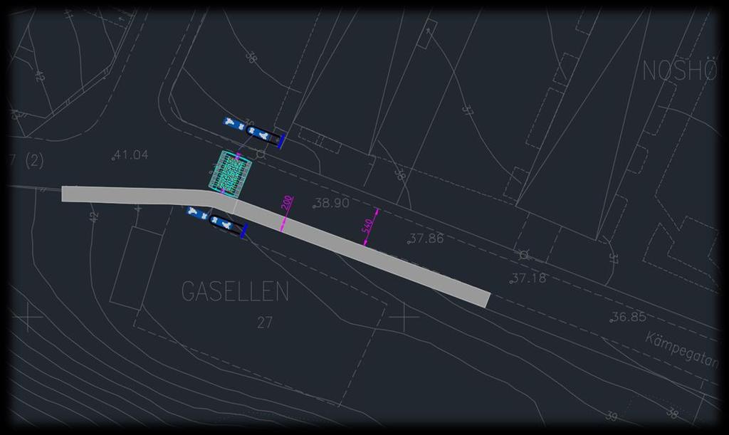Gatusektion Figur 10, förslag på ny sträckning av gångbana samt placering av farthinder. 3.2.