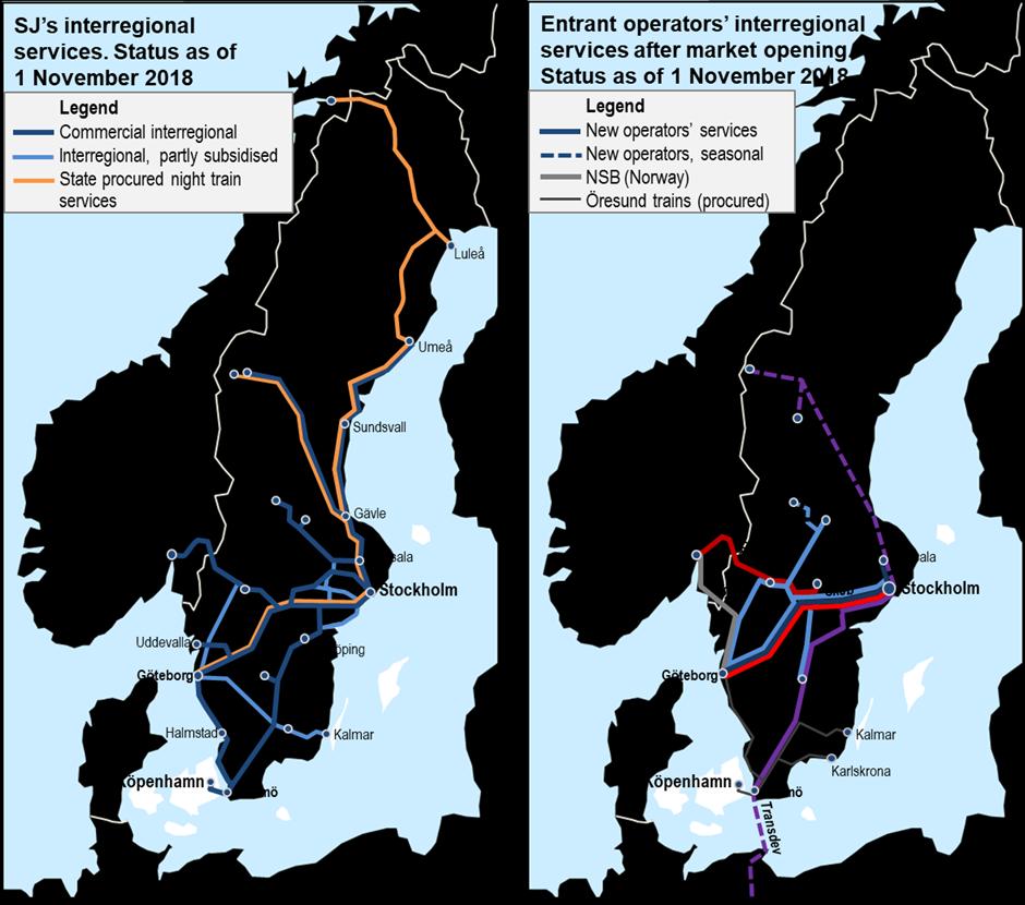 Number of connections per weekday Utveckling av utbud och priser 199-218 33 Figure 3: SJ s long-distance services (left) and the new operators interregional train traffic that has been established