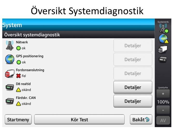 Här har vi en översikt över systemet. Det enda du behöver ha koll på är att GPS och internet fungerar. De andra funktionerna har vi ej och dessa behöver du inte bry dig om.