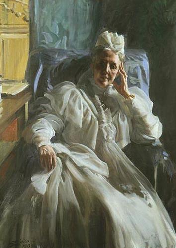 Porträtt av Drottning Sophia, 1909 Konstnär: Anders Zorn Placering: Salongen 1. Beskriv bilden. Vad ser du i förgrunden och i bakgrunden? 2. Vad har hon på sig?