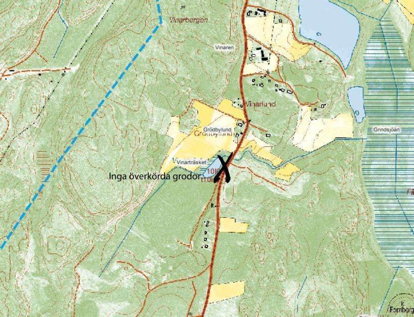 Vinarträsket Koordinater i RT90 syd/nord: 6551568, nord/väst: 1618732 Vinarträsket ligger på Södertörn 10 km norr om Ösmo. Inga överkörda groddjur observerades. X markerar att inga groddjur hittades.