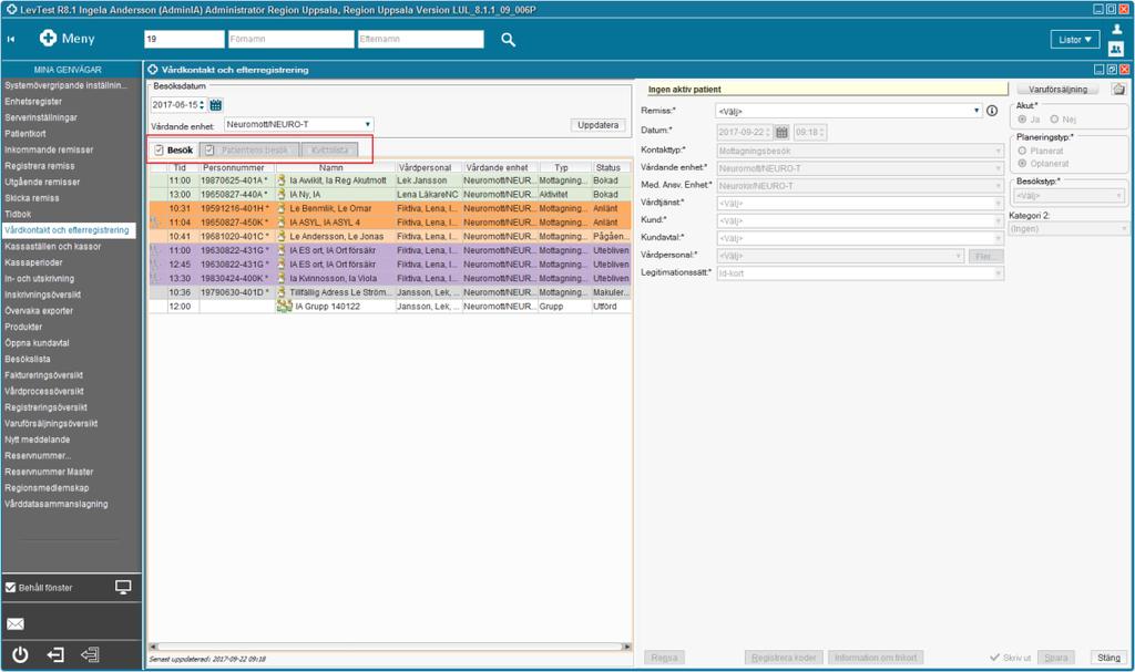 2 Vårdkontakt och efterregistrering Vårdkontakt och efterregistrering används för att registrera ett besök. I fönstret hanteras både bokade och inte bokade besök med och utan ekonomi.