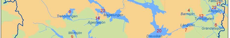 värnas. Figur 6. Antal noterade arter av vattenväxter (undantaget övervattenvegetation) i de 30 sjöar som inventerades 2009 i Tyresåns avrinningsområde, samt i Flaten som inventerades 2006.