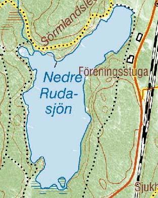 4 5 3 2 1 Figur 68 och 69. Ungefärliga lägen och sträckningar för transekter som inventerades i Nedre Rudasjön den 13 augusti 2009. Sjöns västra stränder kantades av smalkaveldun.