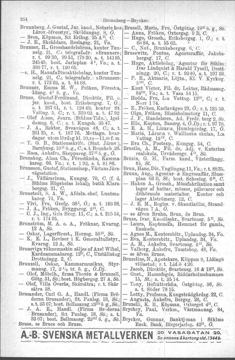 254 Brunnberg - Bryeker. Brunnberg, J. Gustaf, Jur. kand., Notariehos Brusell, Maria, Fru, Östgötag. 19u Ö. g. ss. Lärov.-öfverstyr., Sköldungag. 8, O. - Anna, Fröken, Oxtorgsg. 9 B, C.