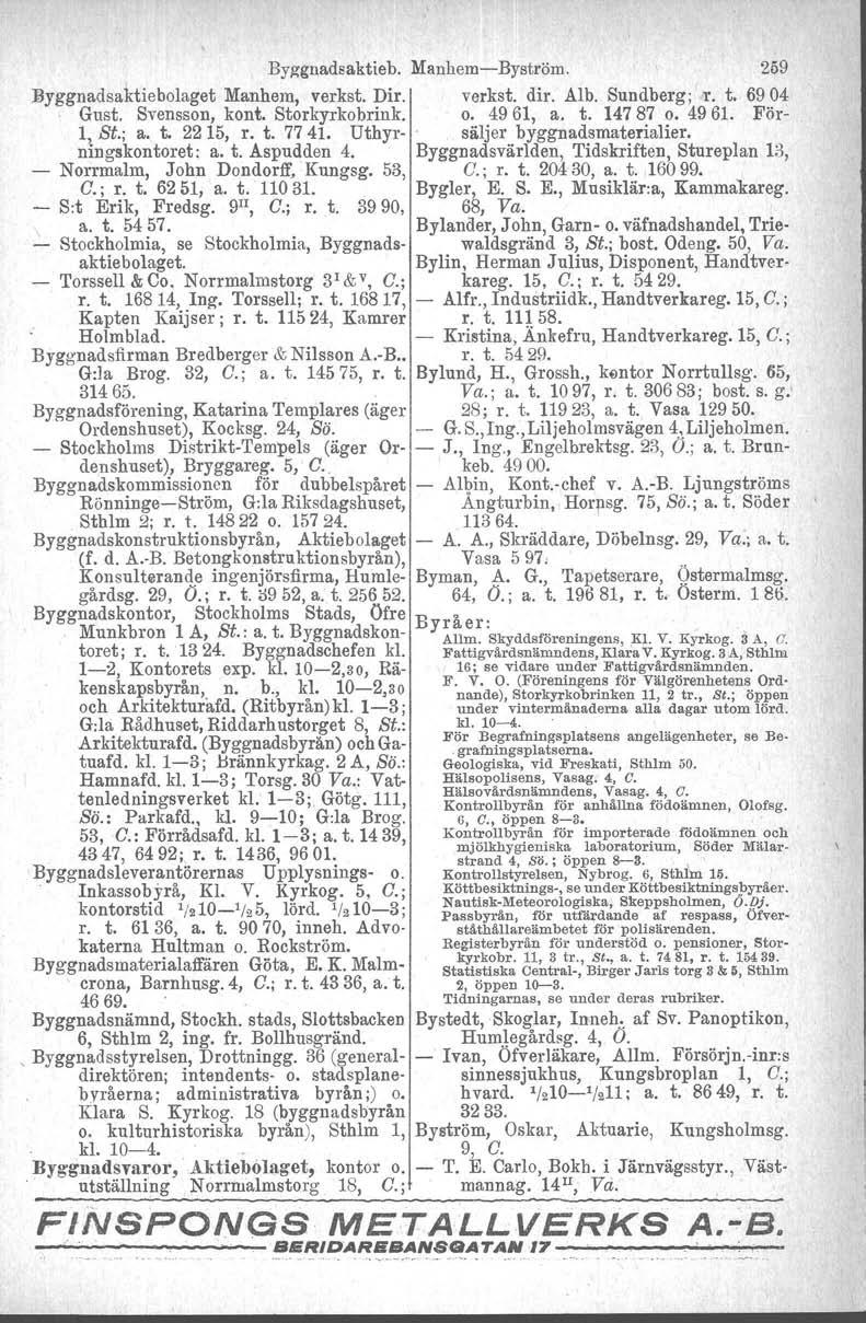 Byggnadsaktieb. Manhem-Byström. 259 Byggnadsaktiebolaget Manhem, verkst. Dir. verkst. dir. Alb. Sundberg; 'r. t. 6904 Gust. Svensson, kont. Storkyrkobrink. o. 4961, a. t. 14787 o. 4961. För- 1, St.