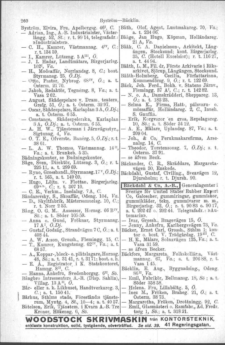 260 Byström-Bäcklin. Byström, Elvira, Fru, Apelbergsg. 46', C. 1 Båth, Olof, Agent, Luntmakareg. 70, Va.; - Adrian, Ing., A.-B. Industrialster, Väster- a. t. 23406: långg. 52, St., r. t. 99 14, telegrafadr.