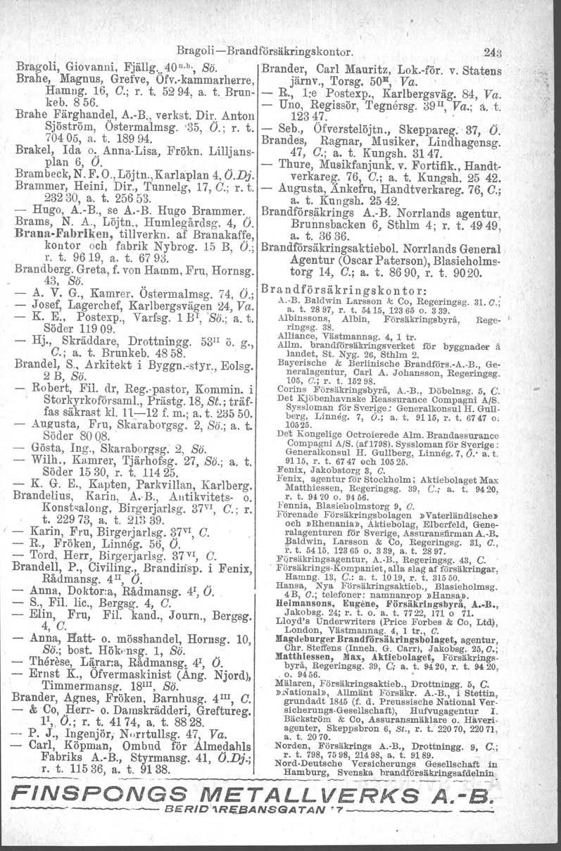 Bragoli -Brandförsäkringskontor. 243 Bragoli, Giovanni, Fjällg...40 n. b., Sö. Brander, Carl Mauritz, Lok.-för, v. Statens - Brahe, Magnus, Grefve, Ofv.-kammarherre, järnv., Torsg. 50, Va. Hamng.