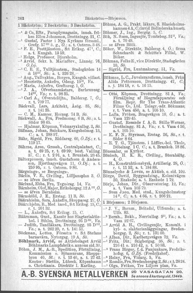 I, I 262 Bäckström-c-Börjesson. 1 Bäckström; 2 Beckström ; 3 Boockström. Böhme, A. G., Prakt. läkare, S. Blasieholms-.. hamnen 4 A, C.(invid B~lin der ska huset). _1 & Co, Eftr.