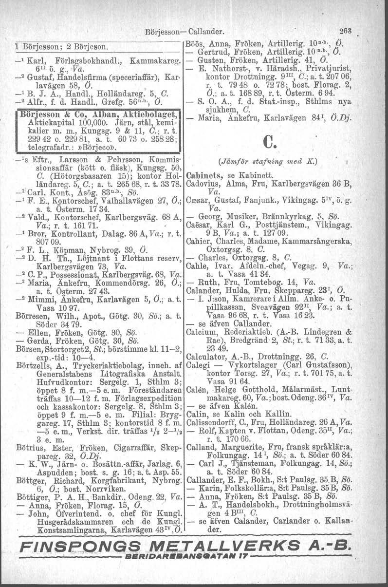 1 Börjesson; 2 Börjeson. _1 Karl, Pörlagsbokhandl., Kammakareg. 6 11 ö. g., Va. _2 Gustaf, Handelsfirma (speceriaffär), Iavägen 58, (J. _1 B. J. A., Handl., HoVändareg. 5,.0. _2 Alfr., f. d. Handl., Grefg.