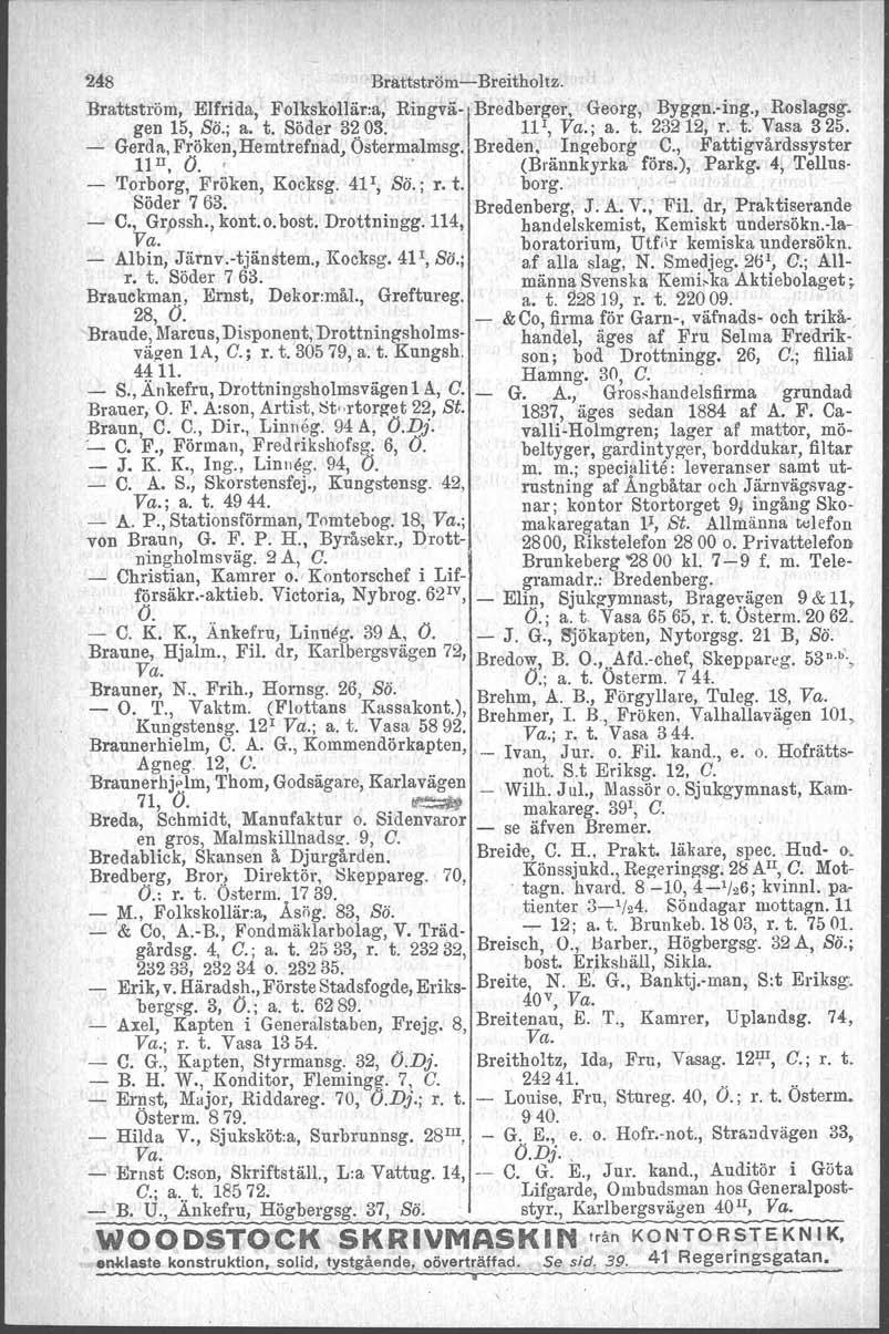 248 Brattström-Breitholtz. Brattström, Elfrida, FolkskoJlär:a, Ringvä- Bredberger. Georg, Byggn-Ing., Roslagsg. gen 15, Sö.; a. t. Söder 3203. III, Va.; a. t. 23212, r. t. Vasa 325.