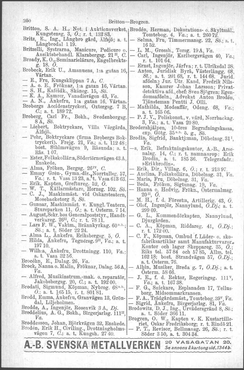 200 Britton-Brogren. Britton, S. A. H., Not, i Auktionsverket, Brodån, Herman, Dekorations- o. Skyltmål., Kungstensg. 3, Ö.; r. t. 13283. Tomtebog. 4, Va.; a. t. 26072. Britz, E., Ing.