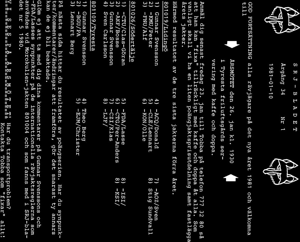 SRJ-BLADET Årgång 34 Nr 1 19810110 GOD FORTSÄTTNING alla rävjägare på det nya året 1981 och välkomna till ÅRSMöTET den 26. jan kl. 1930 i Tyresta friluftsgårds ser vering med kaffe och doppa.