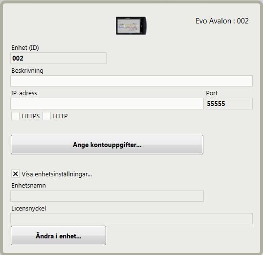 Konfigurering i ED10 Grunder I ED10 måste enheten ges en IP-adress, ett användarnamn och ett lösenord. Gå till fliken Enhet och markera den enhet du vill konfigurera.