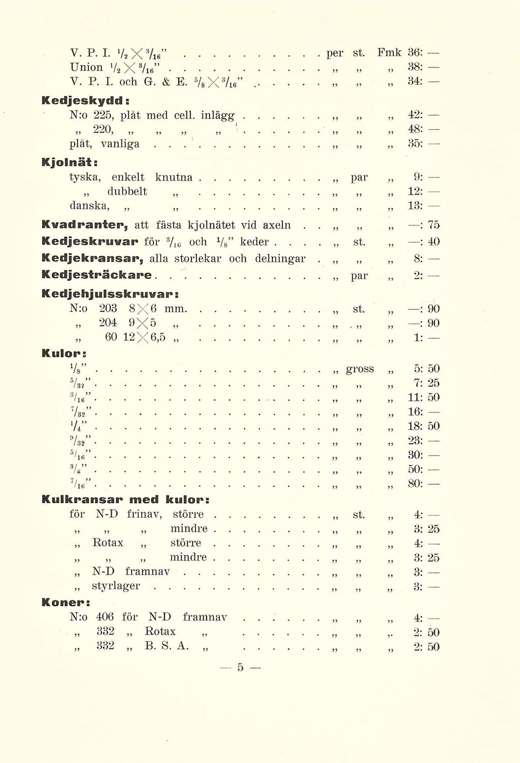 V P I v, X Vis per st Fmk 36: Union V X Vis V P I och G &E VsXVis 38: 34: 42: ' 48: 35: Kedjeskydd: N:o 225, plåt med cell inlägg 220, plåt, vanliga Kjolnät: tyska, enkelt knutna dubbelt danska, par