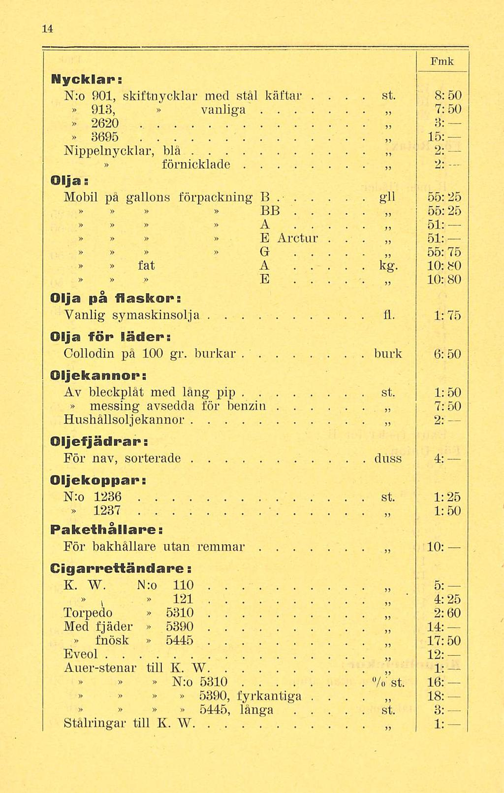 gli st Nycklar: N:o 901, skiltnycklar med stål käftar 8:50 918, vanliga 7:50 2620 8: 8695 15: Nippelnycklar, blå förnicklade Olja; 2: 2: Mobil på gallons förpackning B 55:25 BB 55:25 A 51: E Arctur