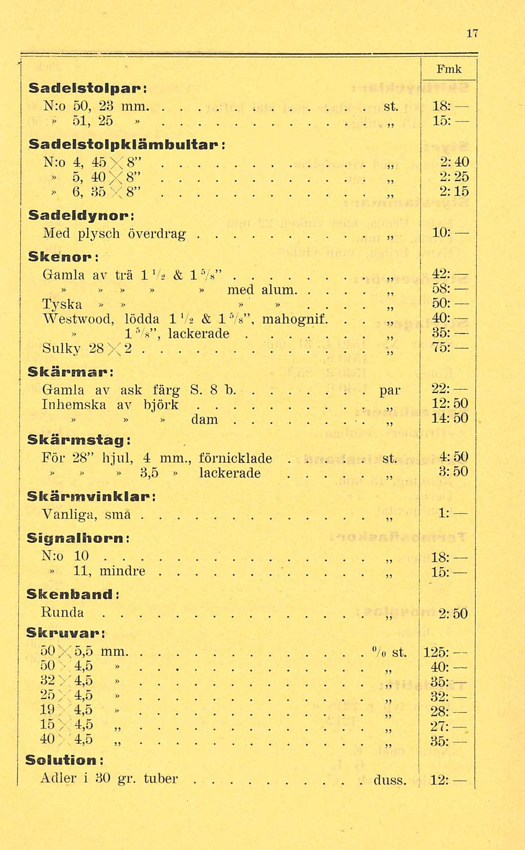 Sadelstolpar: N:o 50, 23 mm i st 18;- 51, 25 15: Sadelstolpklämbultar: N:o 4, 45X8 5, 6, 40X8 2:25 85 X8 2:15 Sadeidynor: Med plysch överdrag 2:40 10: Skenor: Gamla av trä 1 Va & IVs 42; med alum