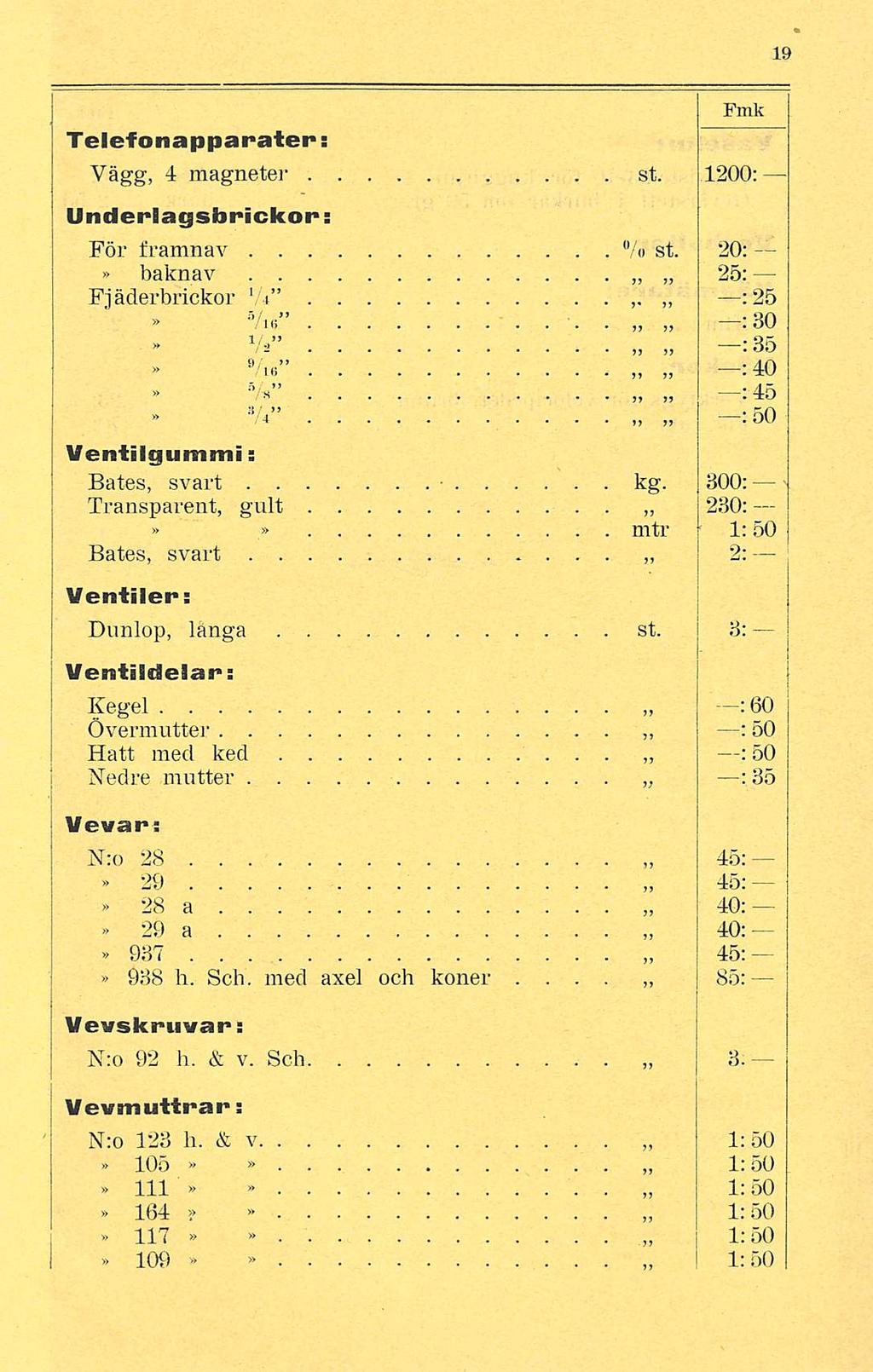 , ' Telefonapparater: Fink Vägg, 4 magneter st 1200: Underlagsbrickor; För framnav % st 20: baknav 25: Pjäderbrickor VV :25 5 Ä /i«:30 % :35 -:40 Vie /«V* : 45 : 50 Ventilgummi: Bates, svart kg 300:
