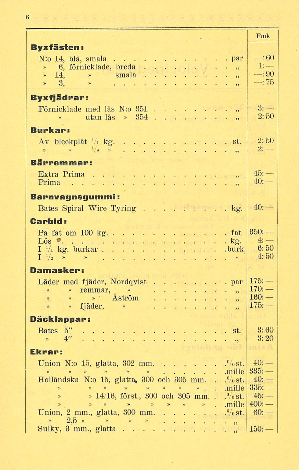 par ;, /ost,% mille - Byxf ästen: N:o 14, blå, smala 6, förnicklade, breda 14, smala 3, Byxfjädrar: -60 1: : 90 75 Förnicklade med läs N:o 351 3: utan lås 354 2:50 Burkan*: Av bleckplåt A kg st 2; 50