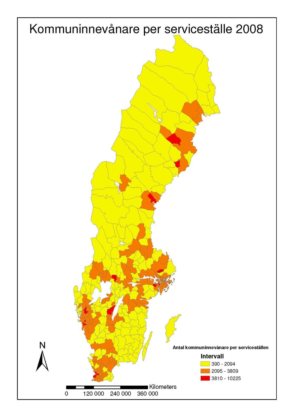 23 Figur 3.2 Genomsnittligt antal invånare per serviceställe i Sveriges kommuner 2008-12-31. Figure 3.