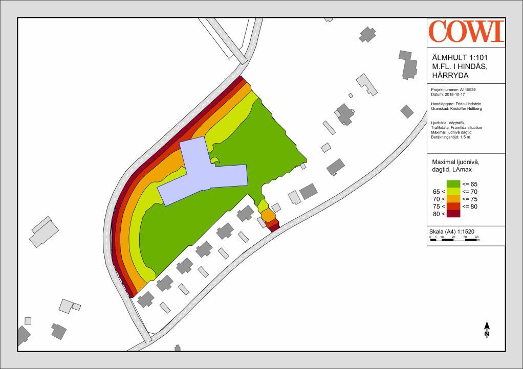 20 RAPPORT BULLER Figur 13. Maximal ljudnivå (db(a)) dagtid på skolgård, ej frifältsvärde 6 Bedömning Buller från vägtrafik är dimensionerande för detta område.