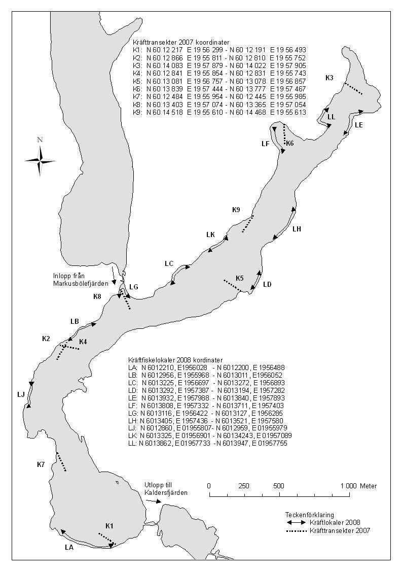 7 Figur 3. Långsjön med kräftfiskelokalerna utmärkta från 2007 och 2008.