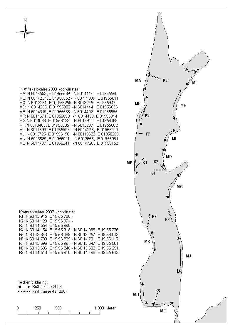8 Figur 4. Markusbölefjärden med kräftfiskelokaler utmärkta från 2007 och 2008.