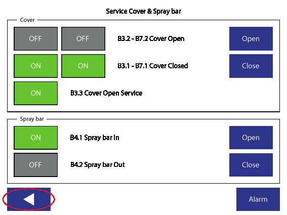 Figur 7.10 Service Cover & Spray bar - meny. Figur 7.11 Servicemenyn. Håll ett betryggande avstånd från filtret då trumman roterar. 5. Välj Start i Drum-rutan, se Figur 7.12. 6.