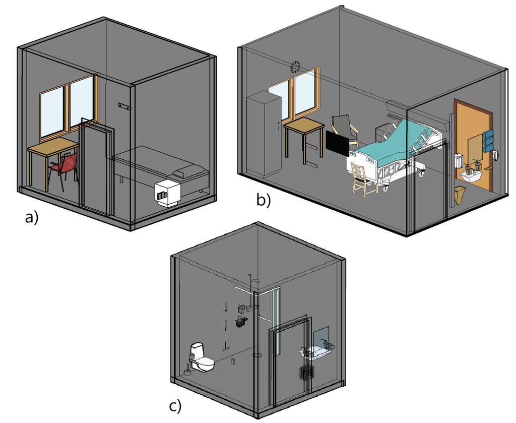 Figur 4: a) Jourrum, b) Vårdrum 1 patient, c) RWC Dusch. Med dessa typrum skapades en planlösning som syns i figur 5 nedan. Planlösningen kopierades och det bildades två likadana plan.
