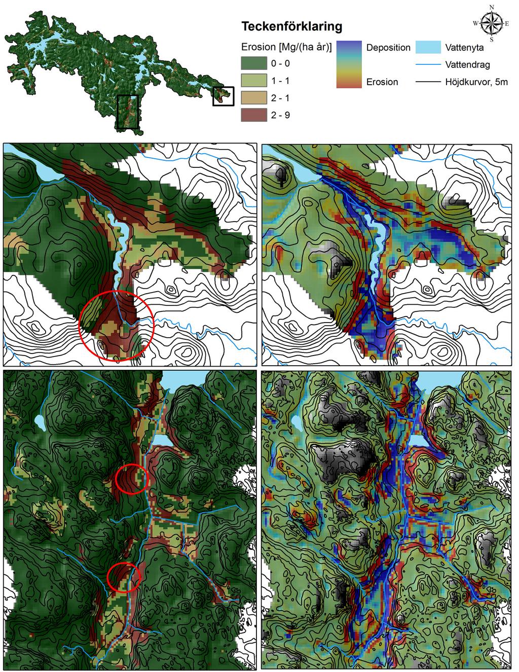 Figur 15: Illustrerar hur pass väl den beräknade potentiella erosionen (de två ytorna till vänster) stämmer överens med beräknade områden för erosion och deposition (de två ytorna till höger) för två