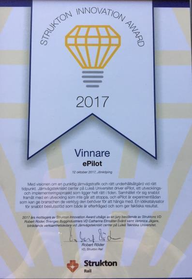 epilot vinnare av Strukton Innovation Award Med visionen om en punktlig järnvägstrafik, med rätt underhållsåtgärder vid rätt