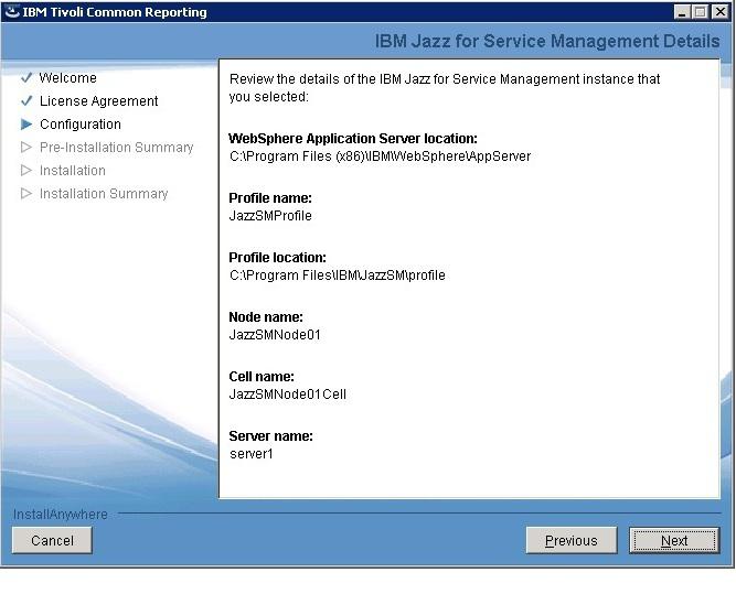Figure 22. Installation details for Jazz for Serice Management 7.