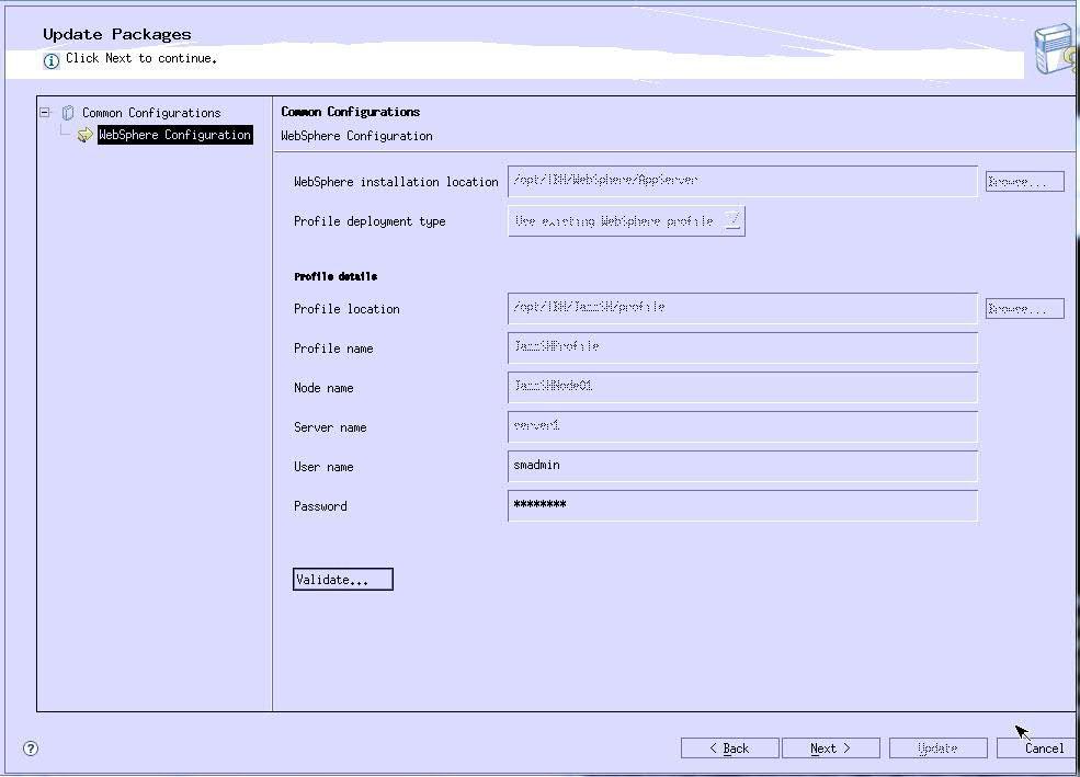 Figure 39. WebSphere Application Serer Configuration 16. Click Validate and click Next. Tip: When the profile is alid, the Next button is actie. 17. Click Finish.