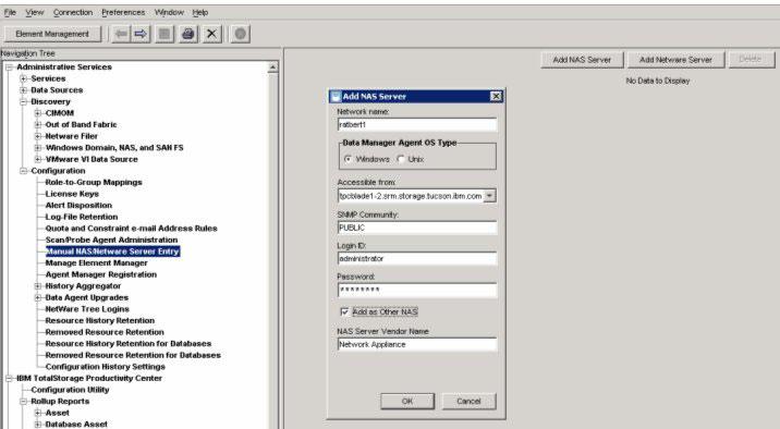 To manually add an N Series Gateway serer, complete the following steps: 1. Start the Tioli Storage Productiity Center GUI. 2. Manually add the N Series Gateway serer as Other NAS. a. Click Administratie Serices > Configuration > Manual NAS Serer Entry.