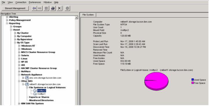 Figure 46. View information for a file system 7. Display the following information and reports for the Other NAS node: a. Dashboard b. System reports c. Batch reports d. Asset reports e.