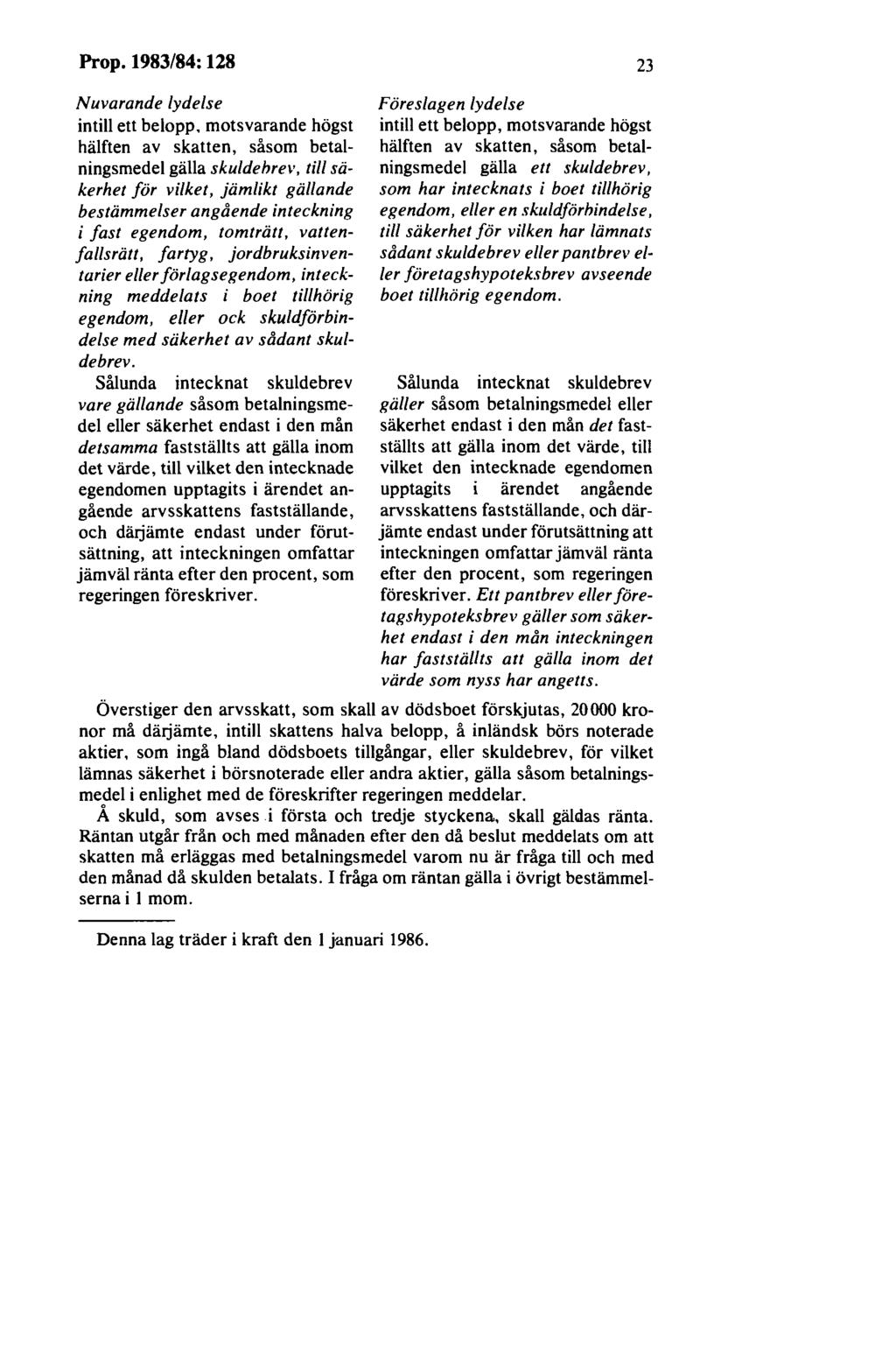 Prop. 1983/84: 128 23 Nuvarande lydelse intill ett belopp, motsvarande högst hälften av skatten, såsom betalningsmedel gälla skuldehrev, till säkerhet för vilket, jämlikt gällande bestämmelser