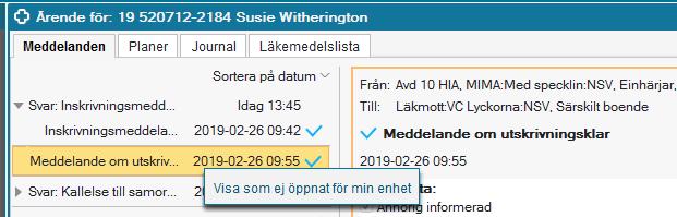 För att återkalla ett meddelande markera meddelandet så det är läsbart i mittenkolumnen och klicka på Återkalla.