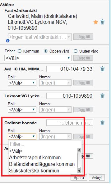 5. För att ta bort en involverad enhet klicka på papperskorgen efter enhetens namn. 6. För att ta bort en roll eller namngiven person klicka på papperskorgen efter rollen/namnet. Klicka på Spara.