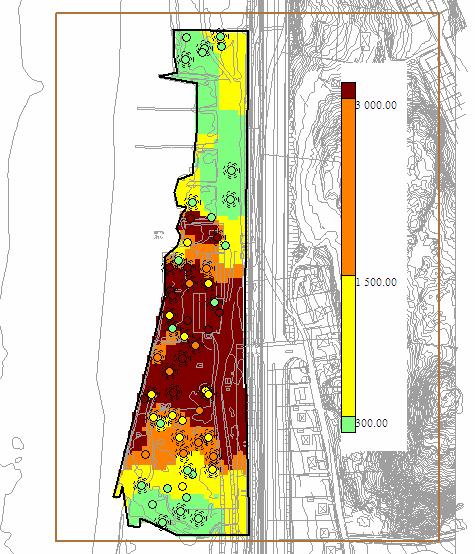 Figur 3.5 Blyhalter (analyser och XRF-mätningar) i djupa (ca 1 3 m) fyllnadsmassor. Det djupare belägna jordlagret, se figur 3.