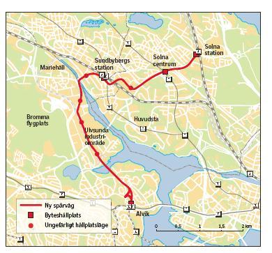 14(32) Tvärspårväg Solna Tvärbanan förlängs för närvarande från Alvik till Sundbybergs centrum, Solna centrum och Solna station. Trafiken planeras komma igång 2013.