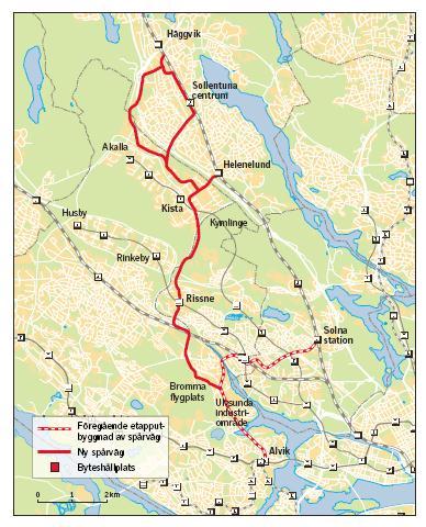 15(32) En utbyggd tvärbana kommer att binda ihop nyexploateringsområden i Stockholms stad, Sundbybergs stad och Sollentuna kommun bättre och kopplar ihop tunnelbanans Blå och Gröna linje med