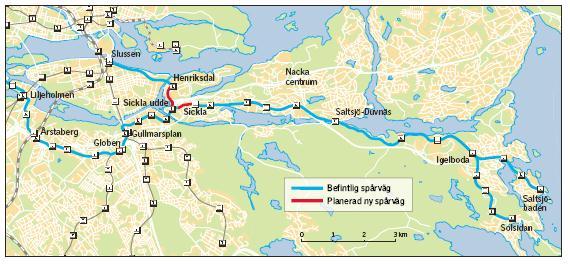 17(32) I idéstudien ingår att belysa såväl Saltsjöbanans utformning på kort sikt som på lång sikt i kombination med en eventuell, framtida tunnelbana till Nacka C, Tvärbanans koppling till