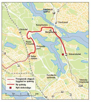 18(32) Tvärspårväg Solna-Universitetet Tvärbanan förlängs vidare från Solna station till Universitetet. Sträckningen går via Bergshamra och är ännu högt preliminär.